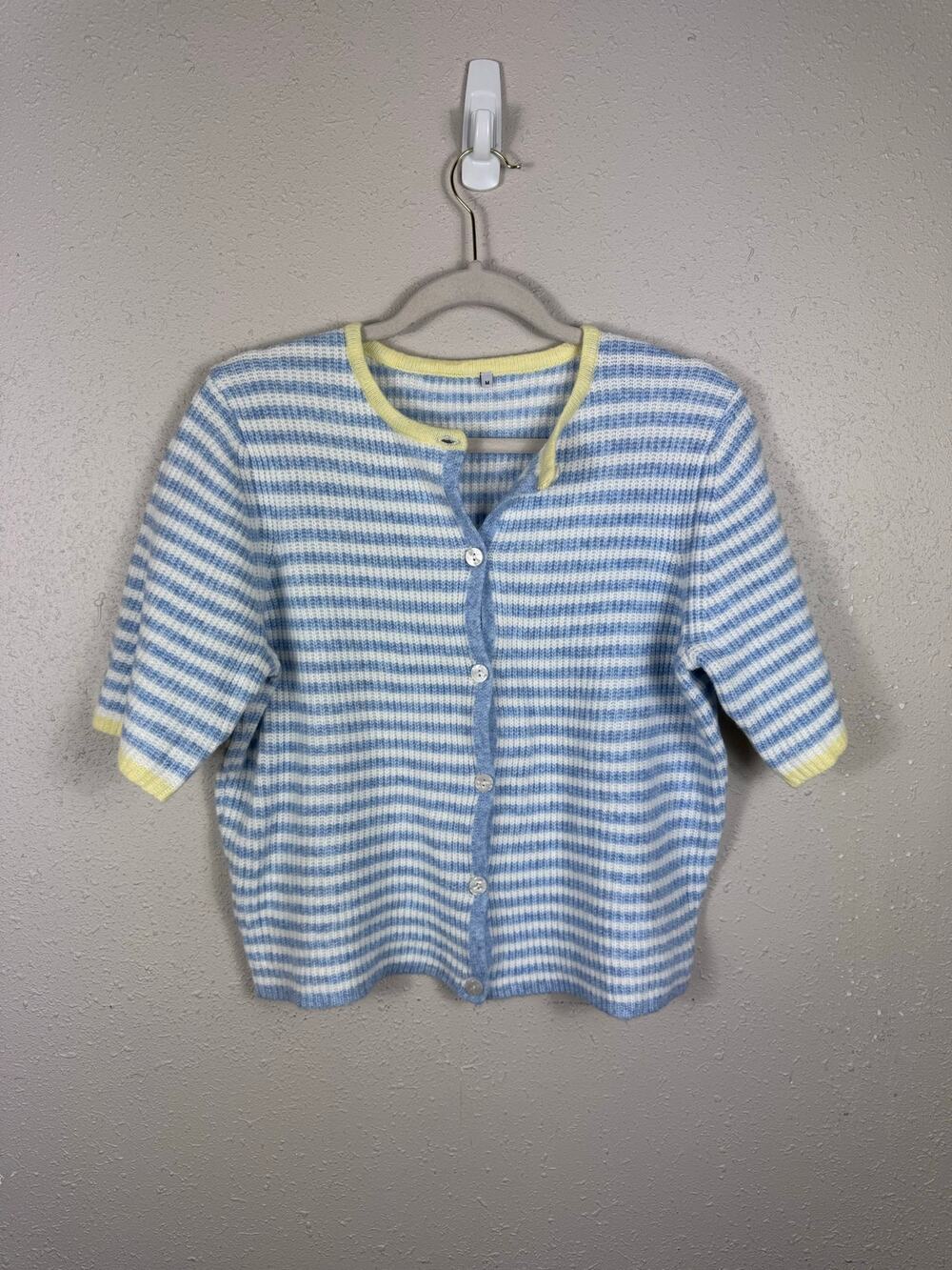 Fashion Womens Blue & White Striped Sweater with Butter Yellow Trim Size Medium